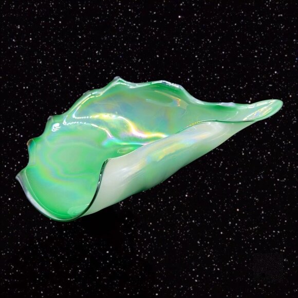 Polish Art Glass Folded Bowl Dish Glass Green Iridescent Poland Vintage 10”W 2”T - Picture 2 of 16